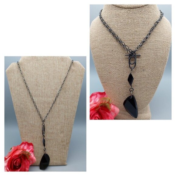 Black Gunmetal Faceted Bead Pendant Convertible Chain Necklace Choker Goth 32" - Picture 1 of 12